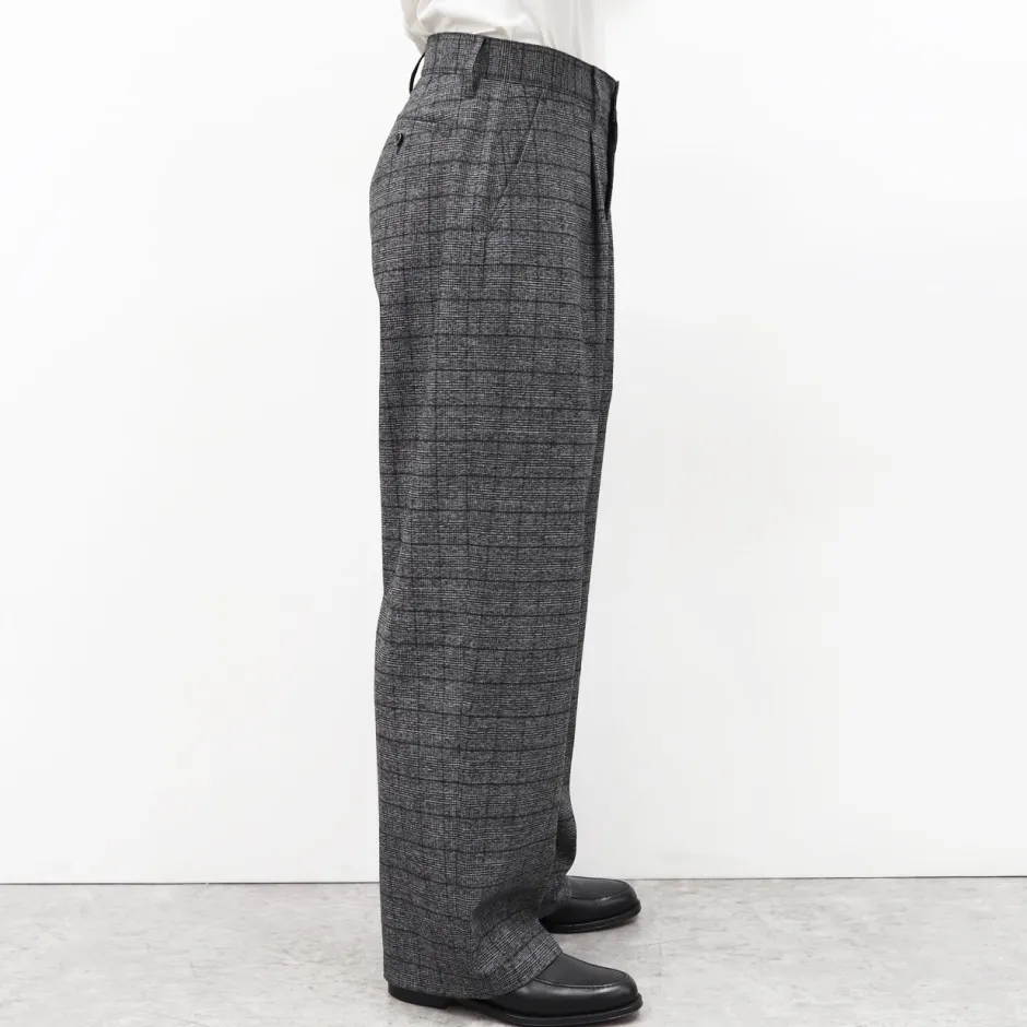 Anonymous Ism 1 Tuck Wide Trouser - Grey Plaid- Bottoms