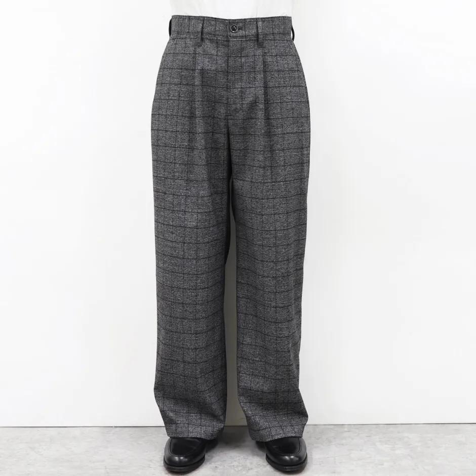 Anonymous Ism 1 Tuck Wide Trouser - Grey Plaid- Bottoms